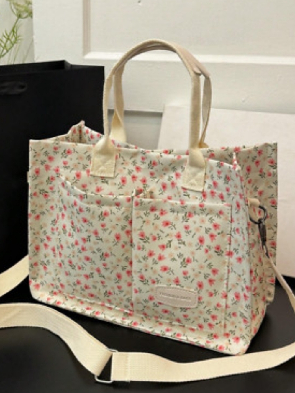 New Floral Canvas Tote Bag In Cream with Pink Rose Print